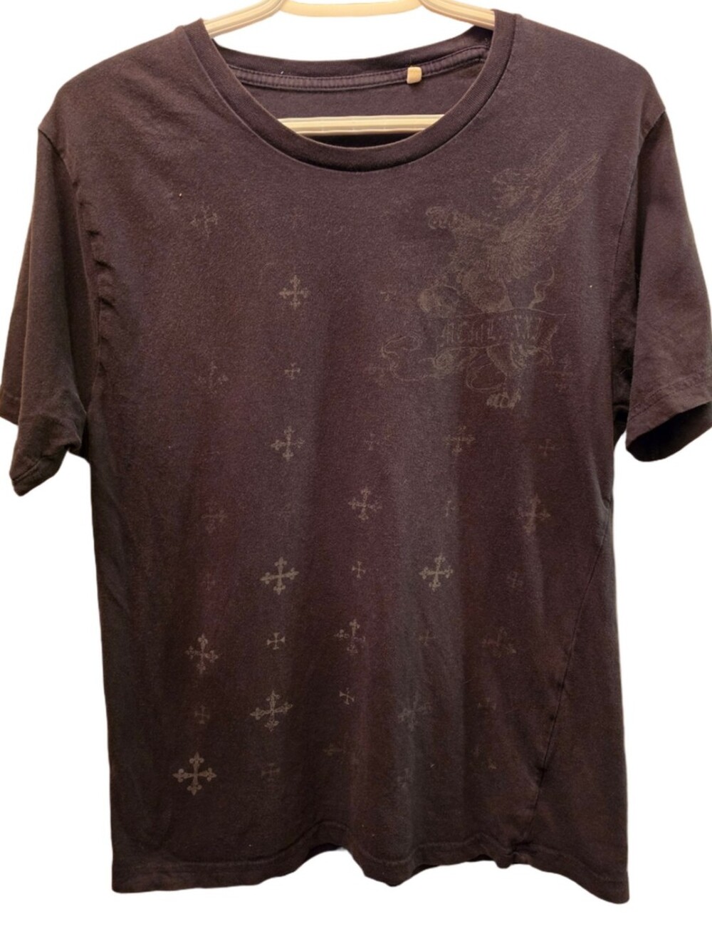 Faded Gothic Cross Graphic T-Shirt Black Charcoal Distressed Grunge Tee M